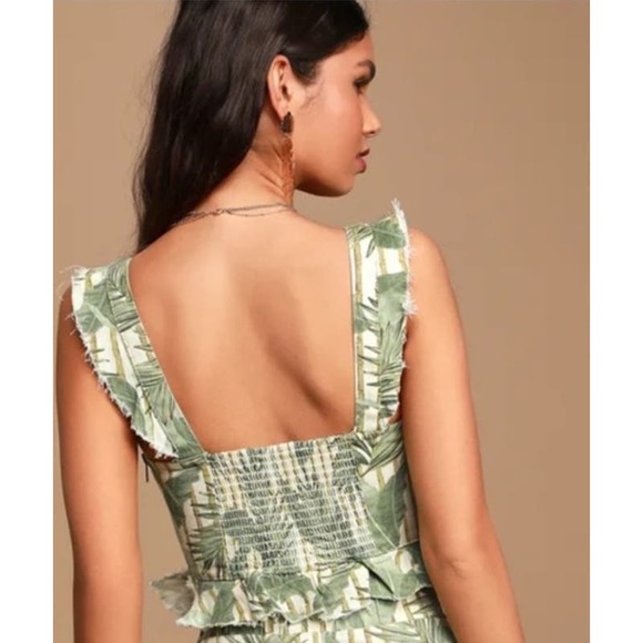 Show Me Your Mumu Delia Bamboo Palm Leaf Print Ruffled Denim Crop Top XL NWT - Picture 3 of 8